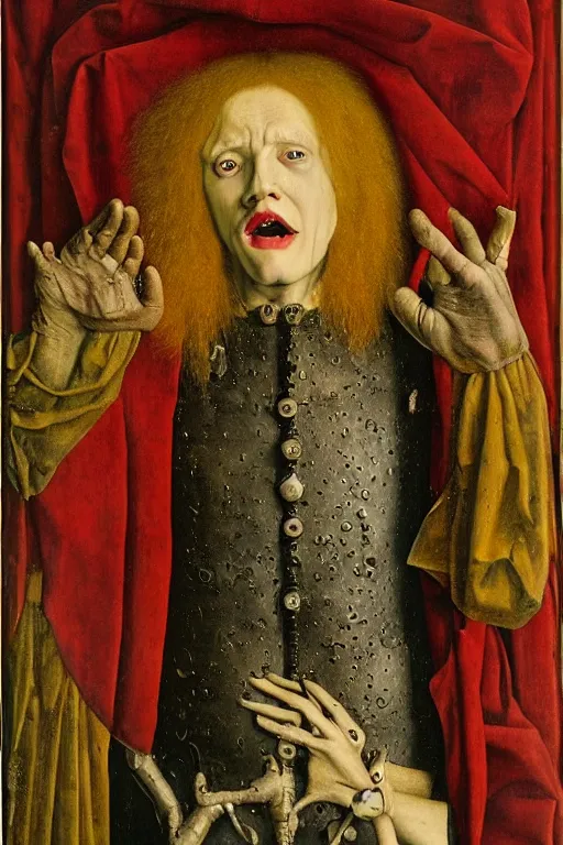 Image similar to portrait of delirium of the endless, sandman, oil painting by jan van eyck, northern renaissance art, oil on canvas, wet - on - wet technique, realistic, expressive emotions, intricate textures, illusionistic detail