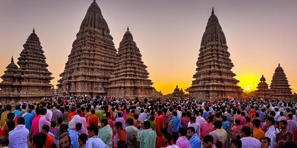 Image similar to an award winning wide angle photo of a giant and intricately carved stone Ghanesha temple, at sunset, punja ritual, crowds of humble worshipers present offerings, beautiful, inspiring