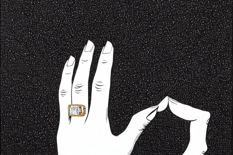 Image similar to a picture of a finger with a gem ring, slay, by moebius, hyperrealism, intricate detailed, risograph