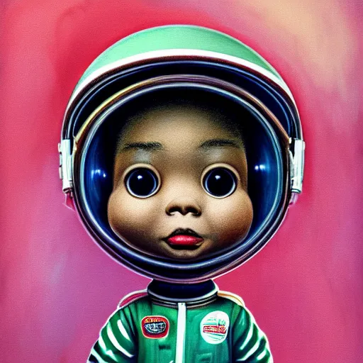 Image similar to wide - angle profile face portrait of a tin toy of a black boy dressed like an astronaut in a cotton candy field, nicoletta ceccoli, mark ryden, lostfish, max fleischer, alan bean, hyper realistic, artstation, illustration, lowbrow, surreal, digital paint, matte paint, vivid colors, bright, cheerful, detailed and intricate environment