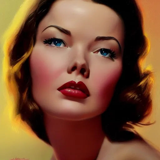 Prompt: young beautiful Gene Tierney color studio publicity photo , tight face shot portrait, highly detailed, digital painting, artstation, concept art, sharp focus, illustration, art , by norman rockwell