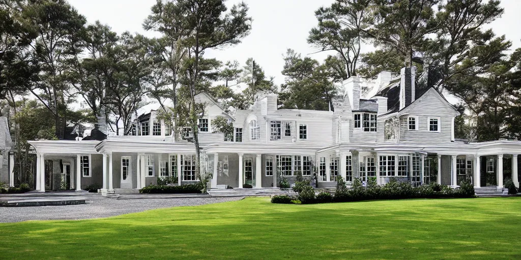 Prompt: grey brick wooden cape cod with pine trees and tile white black mansion by mcalpine house, by jackson & leroy architects