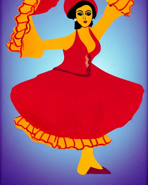 Prompt: an advertising poster of a andalusian flamenco dancer marin doll, retro style of andalusian fair poster