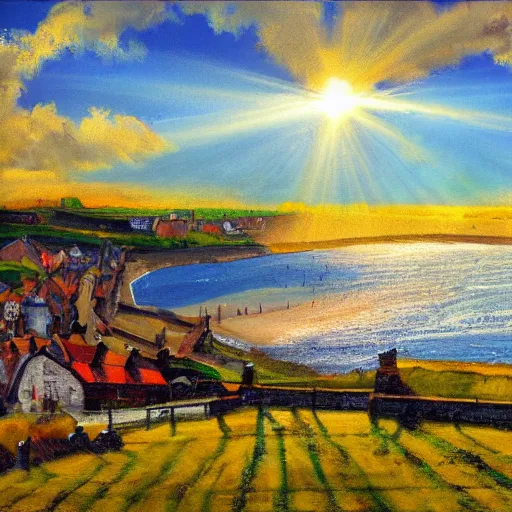 Image similar to happy landscape painting of whitby on a sunny day, god rays, photography, painterly