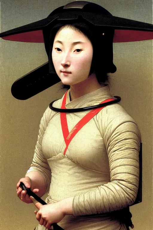 Image similar to portrait of an ancient human species women in samurai astronaut helmets, by bouguereau