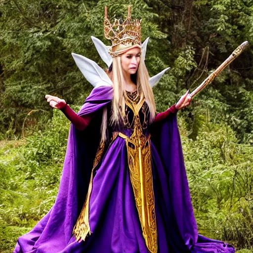 Prompt: photo of a beautiful elven queen queen with ornate crown and cloak, telephoto lens