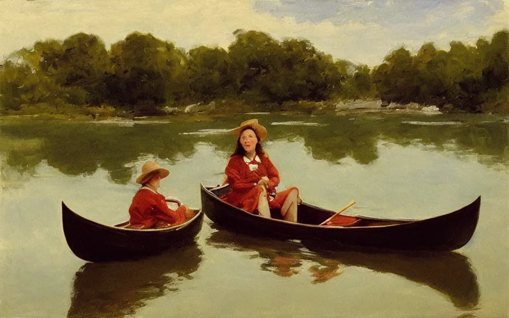 Prompt: “ a girl sitting in canoe on a river drinking beer, john siner sargent ”