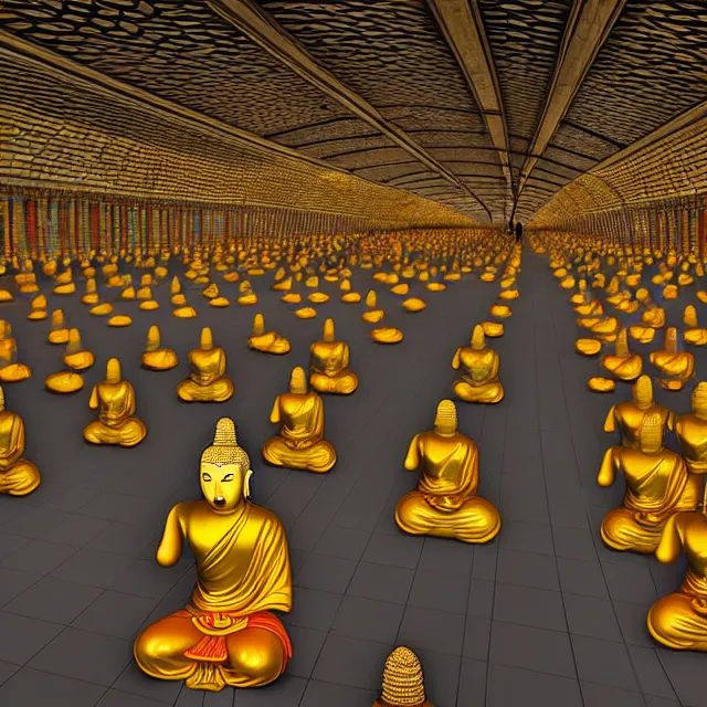 Prompt: a beautiful painting the subway station is full of hundreds of buddhas, by ultra detailed, hyper realistic, volumetric lighting render