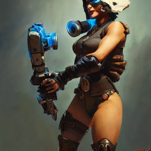 Image similar to greg manchess portrait painting of a beautiful female dieselpunk orc as an overwatch character, medium shot, asymmetrical, profile picture, organic painting, sunny day, matte painting, bold shapes, hard edges, street art, trending on artstation, by huang guangjian and gil elvgren and sachin teng