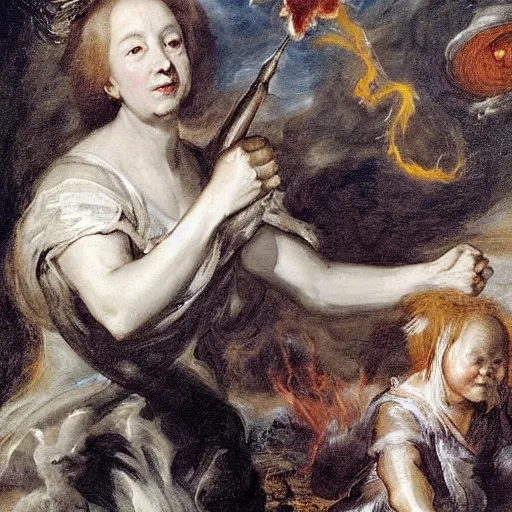 Image similar to female portrait, Theresa May as a smiling hapa sorceress chasing will-o-wisps casting a fireball in a garden, detailed painting by Anthony Van Dyck