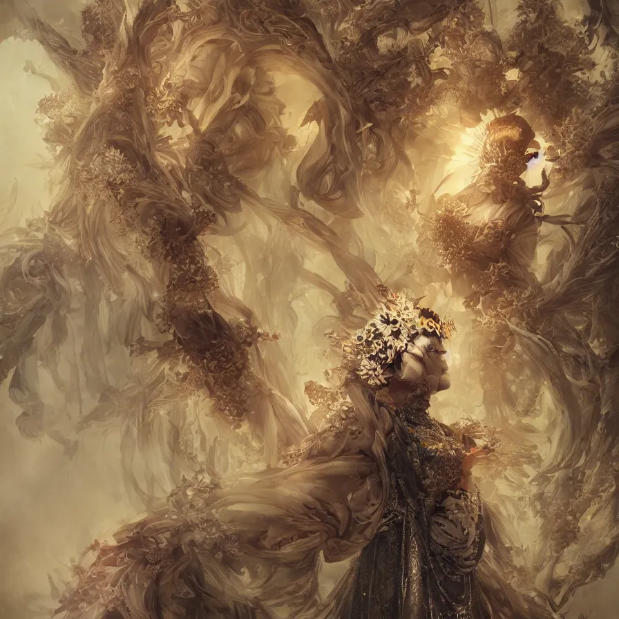 Image similar to a fancy portrait of the chinese sunflower goddess by Greg Rutkowski, Sung Choi, Mitchell Mohrhauser, Maciej Kuciara, Johnson Ting, Maxim Verehin, Peter Konig, Bloodborne, macro lens, 35mm, 8k photorealistic, cinematic lighting, HD, high details, atmospheric,