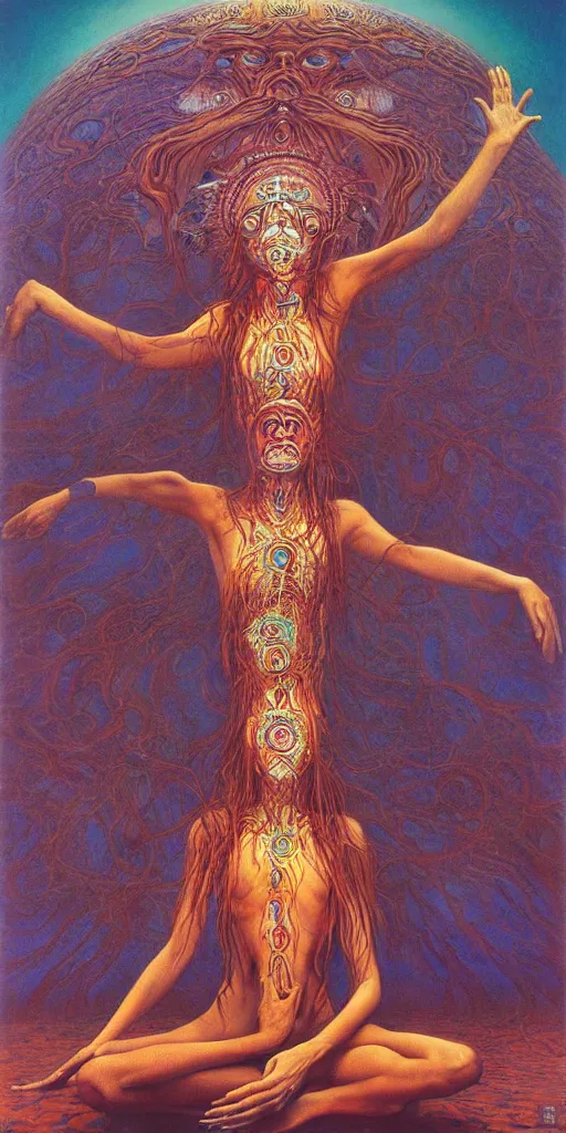 Image similar to mystic cult girl performing third eye ritual, expanding energy into waves into the ethos, epic surrealism oil paint by Ernst Fuchs, Zdzislaw Beksinski, John Howe highly detailed