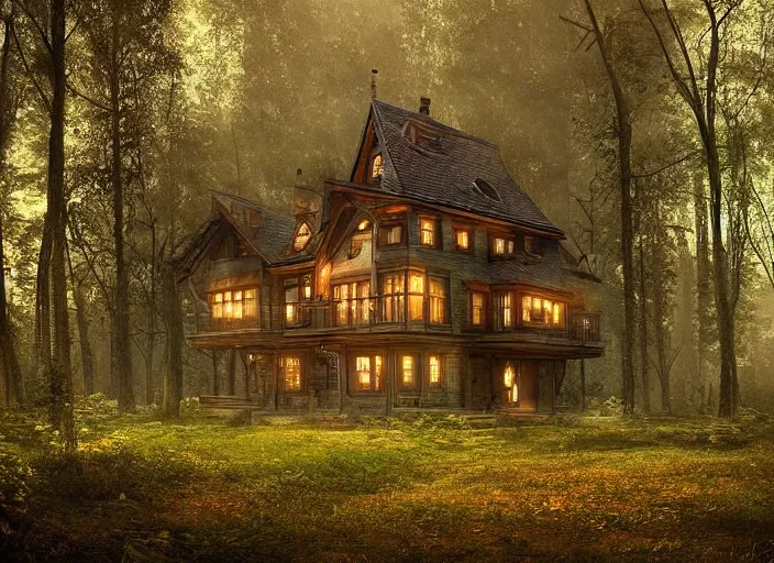 Prompt: house in a clearing in the middle of the forest, beautifully lit, steampunk, by sylwia bomba