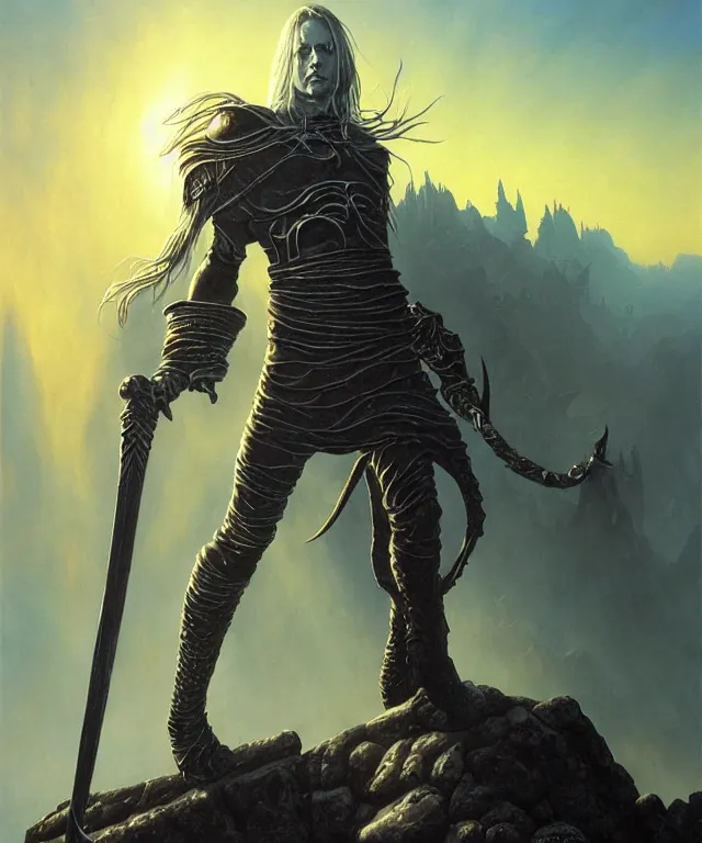 Image similar to elric of melnibone, artwork by michael whelan, full figure, action pose, dramatic lighting, cinematic, hyperrealistic, highly detailed, artstation, fantasy background setting including a city, weird - dreamlike landscape and dramatic sky