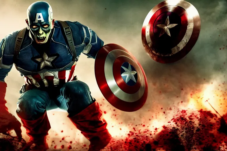 Image similar to film still of zombie zombie Captain America as a zombie in new avengers movie, 4k