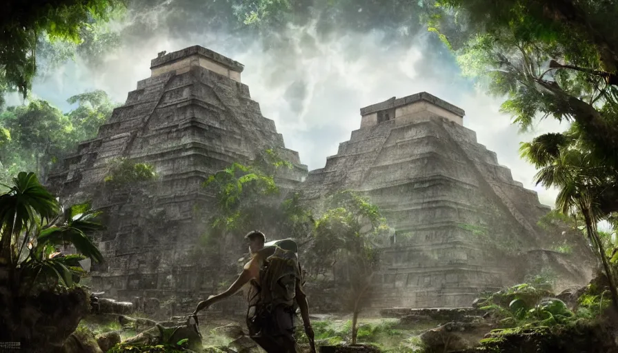 Prompt: Walker discovering the entrance of an ancient Mayan city in the jungle, hyperdetailed, artstation, cgsociety, 8k