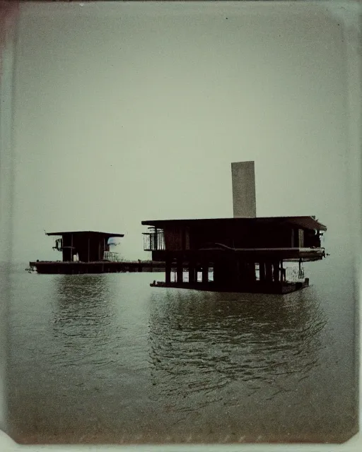 Prompt: Abandoned futuristic 70s structures floating in the water, two point perspective, photograph, polaroid, dilapidated look, Grainy, expired film