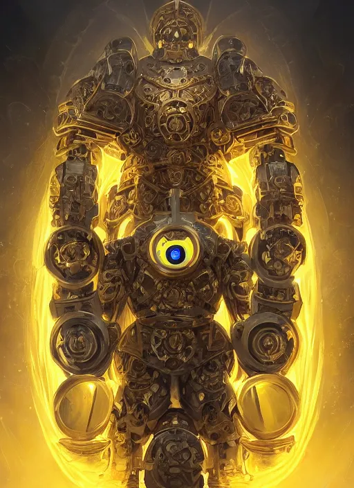 Prompt: full body, attack position abstract painting of a intricate ornate holy mechanical warforged with circular glowing eye, character in yellow armor holding a legendary paladin engraved holy great longsword and carrying a huge heavy paladin shield, vertically flat head, face in focus, epic , trending on ArtStation, masterpiece, cinematic lighting, by Ross Tran and by Greg Rutkowski
