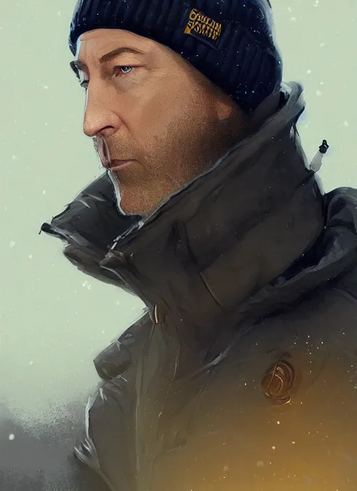 Image similar to bob odenkirk wearing a black supreme puffer jacket, a beanie and a golde necklace, elegant, digital painting, concept art, smooth, sharp focus, illustration, from starcraft by ruan jia and mandy jurgens and artgerm and william - adolphe bouguerea