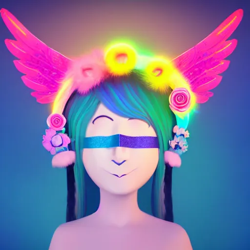 Image similar to A girl wearing an owl mask and blue hair with glowing halo and wings and a cat tail with a rainbow halo behind her. She has pink and yellow flowers around her head. Smooth lines and details and soft color palette. 4k render. Trending on Art Station!