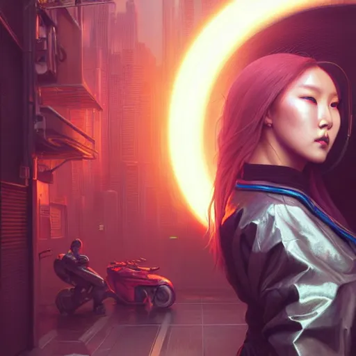 Image similar to portrait painting of cyberpunk hwasa mamamoo as a street doctor with a halo, ultra realistic, concept art, intricate details, eerie, highly detailed, photorealistic, octane render, 8 k, unreal engine. art by artgerm and greg rutkowski and magali villeneuve and alphonse mucha