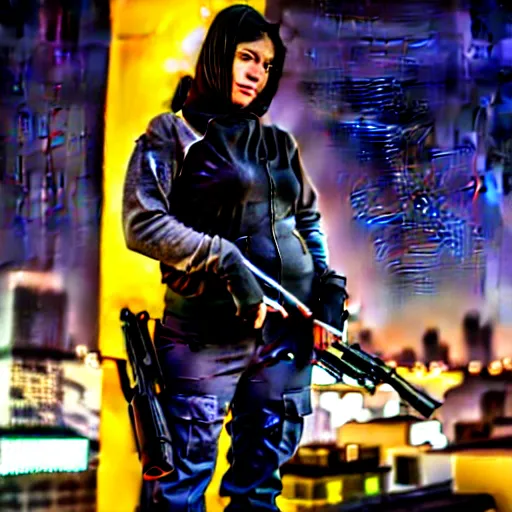 Image similar to photographic portrait of a techwear woman holding a shotgun, closeup, on the rooftop of a futuristic city at night, sigma 85mm f/1.4, 4k, depth of field, high resolution, 4k, 8k, hd, full color, Die Hard, movies with guns, movie firearms