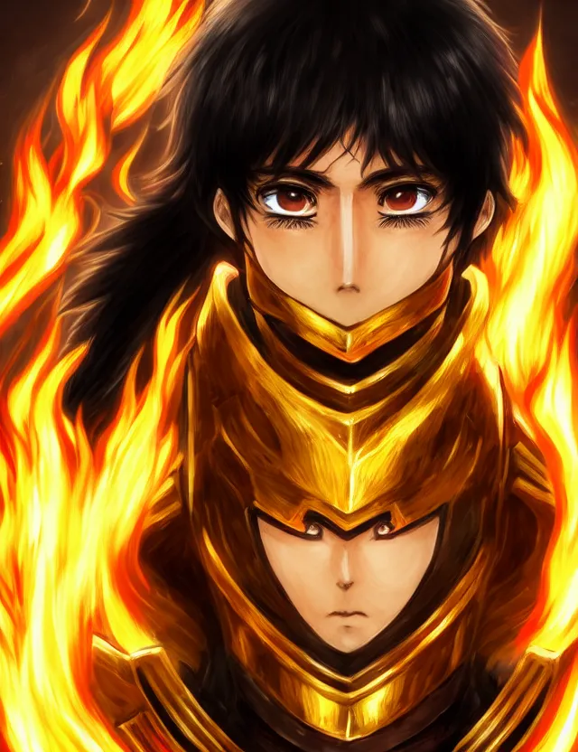 Image similar to a detailed manga portrait of a black haired man with hazel eyes in gleaming golden armour that burns with golden fire, trending on artstation, digital art, 4 k resolution, detailed, high quality, sharp focus, hq artwork, coherent, insane detail, character portrait