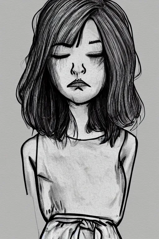 Prompt: portrait of a girl in long pants and a top, hands in pockets, eyes closed, bob haircut, digital art, black and white, lineart