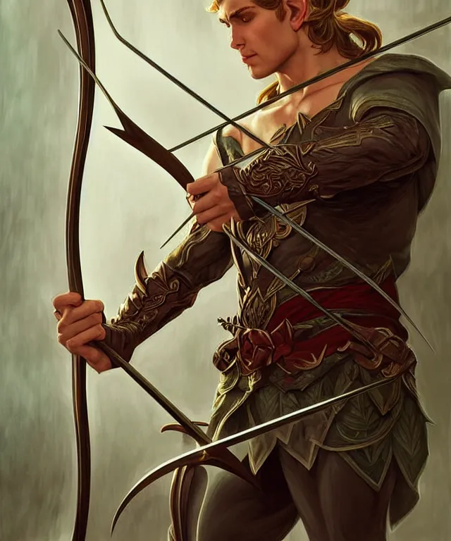 Image similar to a strong powerful fantasy elf man with a bow and arrow, portrait, fantasy, intricate, elegant, highly detailed, digital painting, artstation, concept art, smooth, sharp focus, illustration, art by artgerm and larry elmore and alphonse mucha