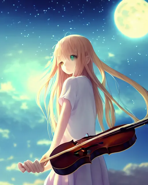 Image similar to teen, cute, melancholy, full body, cat girl, white skin, golden long wavy hair, holding a violin and playing a song, stunning art style, filters applied, lunar time, night sky, trending art, sharp focus, centered, landscape shot, fate zero, simple background, studio ghibly makoto shinkai yuji yamaguchi, by wlop