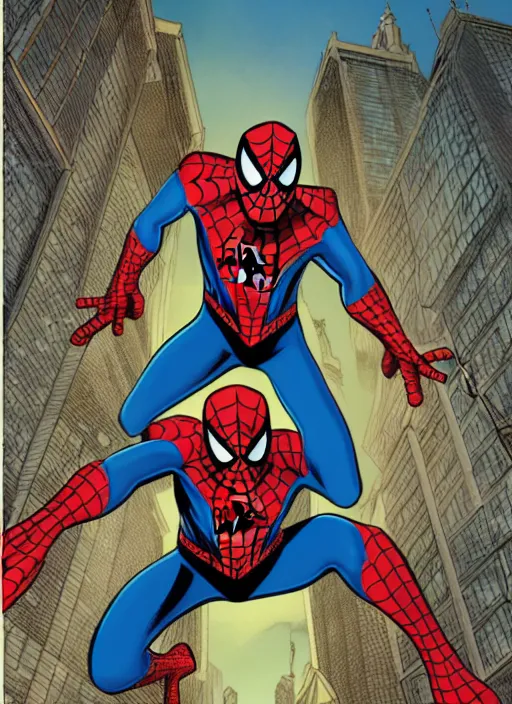 Image similar to Spiderman, comic book, art by Matt Groening and Jack Kirby and Mark Taylor, sharp focus, illustration, stunning lighting, realistic character concept, light atmosphere, golden ratio, cinematic lighting, high resolution, insanely detailed and intricate, 8k