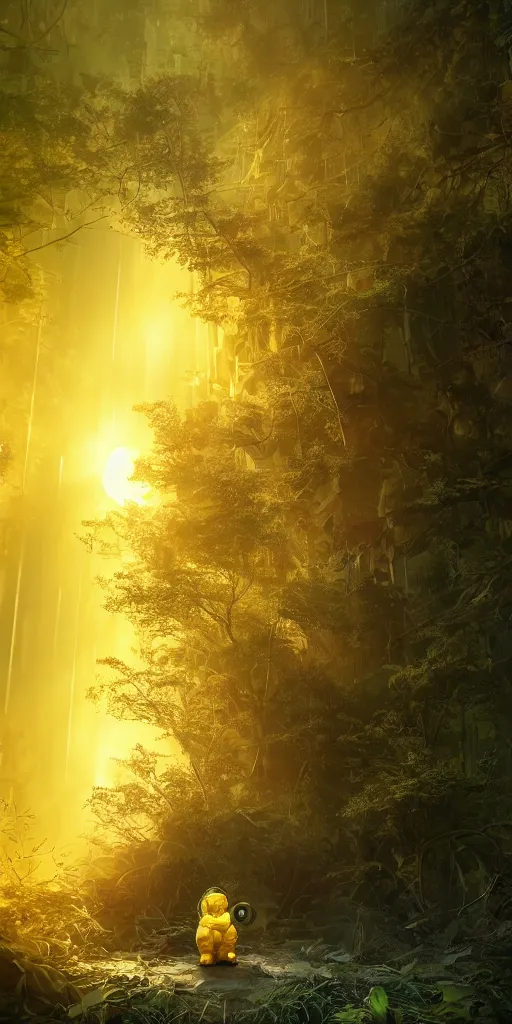 Image similar to A yellow baby rabbit in a spacesuit full of trees, cyberpunk temple, sunset with falling leaves, Tyndall rays, low angle, light through the mist, dramatic lighting, photorealistic, cinematic lighting, high detail, cinematic feel, high octane, 4K, Unreal Engine, digital render, intricate, ultra realistic, concept art