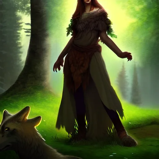 Prompt: a pretty druid surrounded by wolves digital painting, photorealistic, in the style of greg rutkowski, full body, detailed face