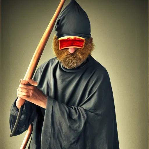 Prompt: a hermit with an eyepatch and a wooden cane, high resolution film still, 8k, HDR color