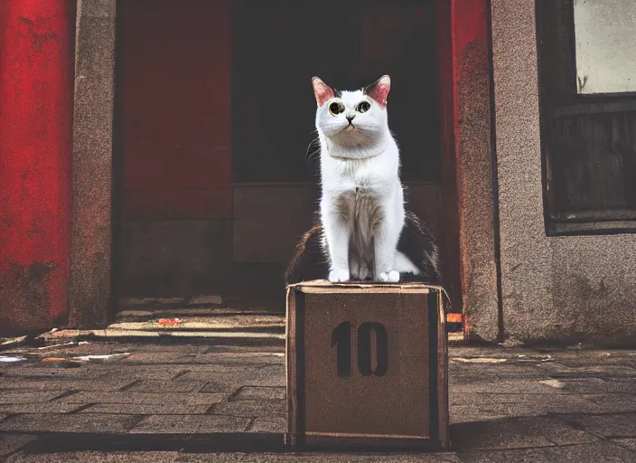 Image similar to photography of a Cat sitting on a box. in a cyberpunk street, award winning photo, colors, 100mm, sharp, high res