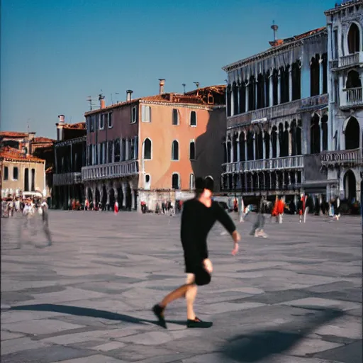 Prompt: portra 800 street photography in Venice a subject is blurry because it's in motion