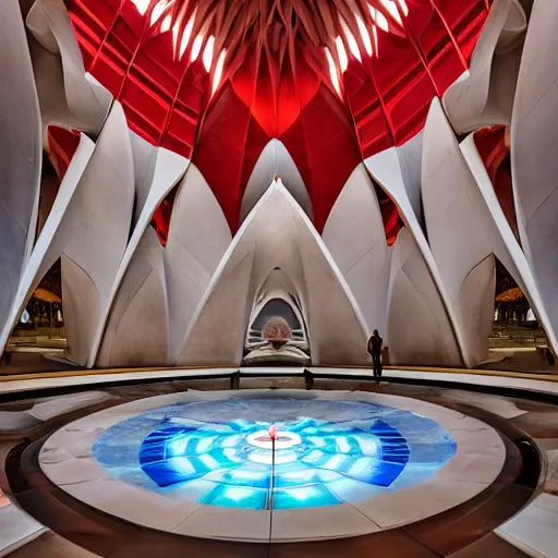 Image similar to interior of a futuristic lotus temple with gold, red and white marble panels, in the desert, by buckminster fuller and syd mead, intricate contemporary architecture, photo journalism, photography, cinematic, national geographic photoshoot