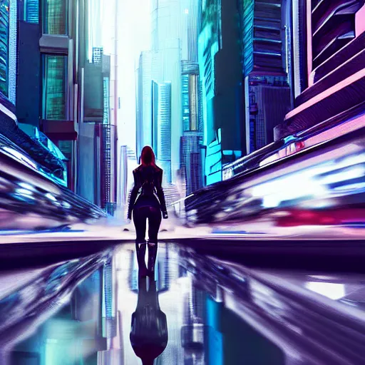 Image similar to portrait of a female cyborg walking down a futuristic cyberpunk street with tall buildings on both sides