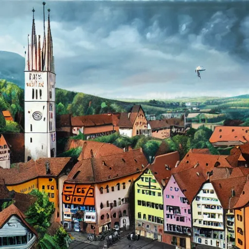 Prompt: a futuristic hyper realistic painting of ravensburg in the year 3 2 0 0 w 8 3 2