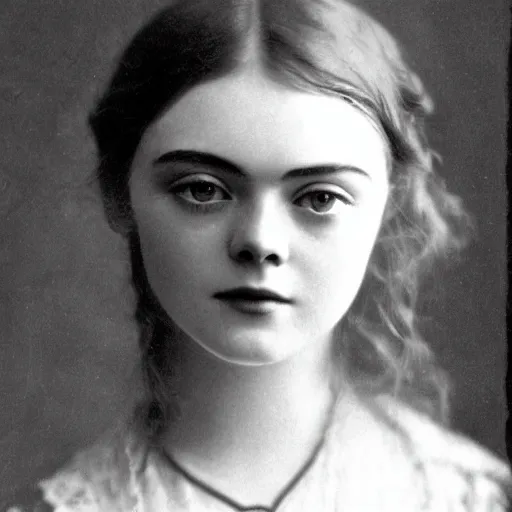 Prompt: Headshot edwardian photograph of Elle Fanning, 1910s, 1900s, 1920s, grainy, victorian, detailed, by Eveleen Myers
