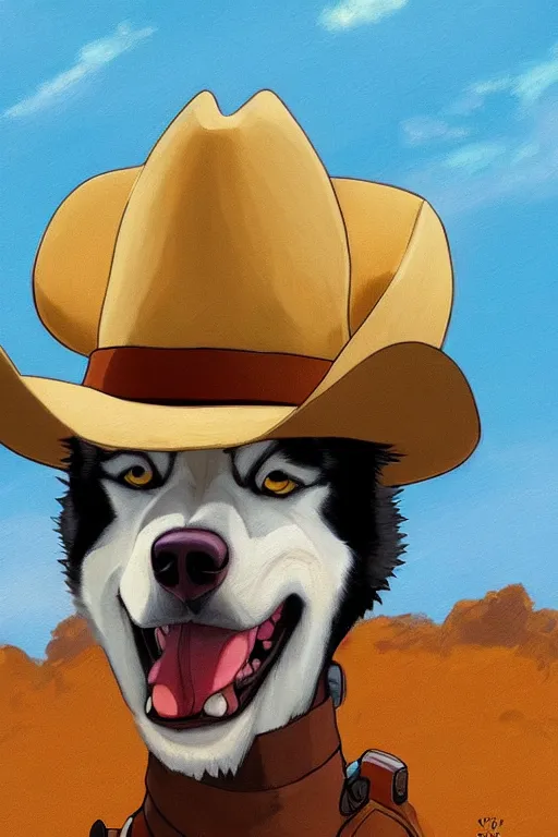 Prompt: a portrait painting of a husky in cowboy costume, wearing a cowboy hat, by [ studio ghibli ], in the style of anime, [ western film ], trending on artstation