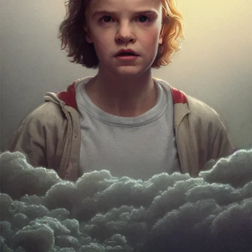 Image similar to Eleven from Stranger Things facing the camera with her hand outstretched with things floating all around her, fullbody, intricate, highly detailed, artstation, concept art, smooth, sharp focus, illustration, art by greg rutkowski and orientalism and bouguereau and Zdzislaw Beksinski, good clear quality, lighting, biology, symmetrical artwork, perfect face, 135 mm, cinematic, hyper realism, high detail, octane render, 8k, chrome accents