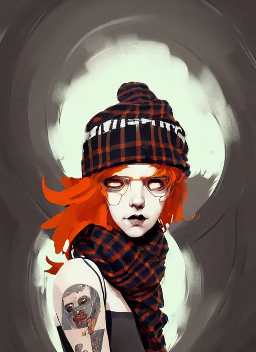 Image similar to highly detailed portrait of a sewer punk lady student, beanie, tartan scarf, curly blonde hair by atey ghailan, by greg rutkowski, by greg tocchini, by james gilleard, by joe fenton, by kaethe butcher, gradient, orange, black, brown and cream color scheme, grunge aesthetic!!! white graffiti tag wall background