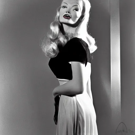 Image similar to Veronica Lake photoshoot, 1960s mod style, dramatic lighting, film camera, halo effect