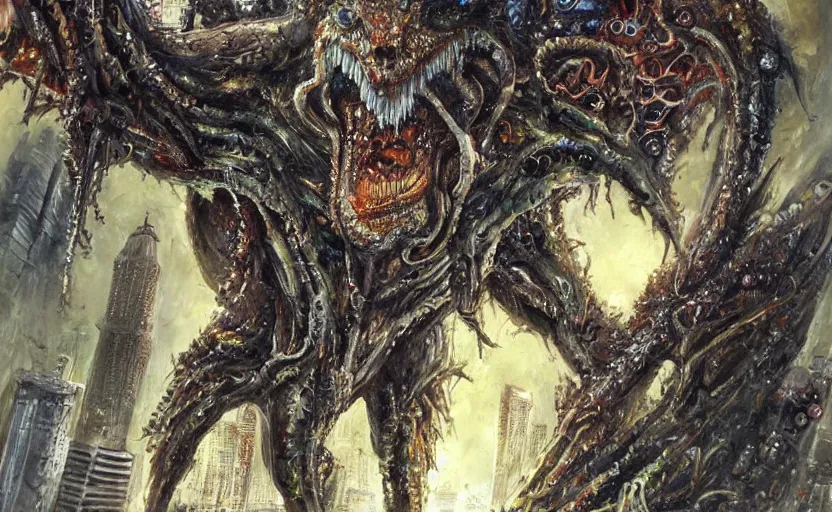 Prompt: an oil painting of biopunk aether monster that consumes new york city in style of lovecraftian horror by simon bisley