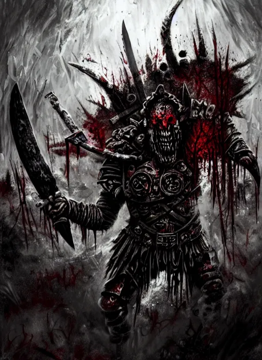 Image similar to berserker of khorne, blood warrior, evil, bloody axe, screaming, insanity, anger, psychopath, intricate, bloody runes, runes, bottom up lighting, warhammer, warhammer 4 0 k, highly detailed, digital painting, concept art, sharp focus, illustration, psychedelic, grim dark, moody, gloomy, art by john blanche