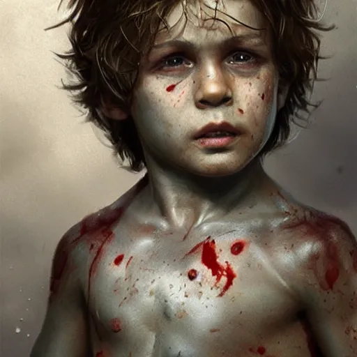 Image similar to UHD closeup of a Photorealistic boy with a giant gaping hole in his chest, heart broken, blood gushing forcefully by Antonio Caparo and Ferdinand Knab and Greg Rutkowski, UHD, photorealistic, trending on artstation, trending on deviantart