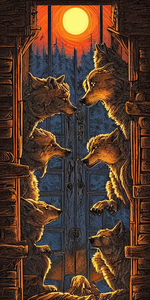 Image similar to wolves at the door by Dan Mumford