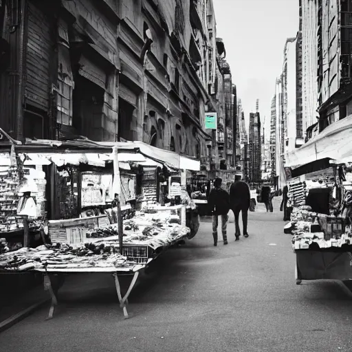 Image similar to a scene of a market stall on a street corner in the style of the ( minority report ) film taken from a distance, minimalist, blue and white, cinematic lighting