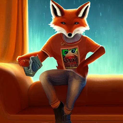 Image similar to an anthropomorphic fox wearing a t-shirt and jeans sitting on a couch, 8k resolution matte fantasy painting, cinematic lighting, DeviantArt, Artstation